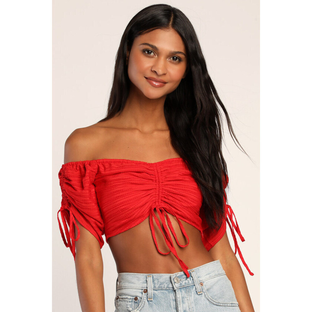 NEW Lulus Midsummer Memories Red Off-the-shoulder Ruched Crop Top